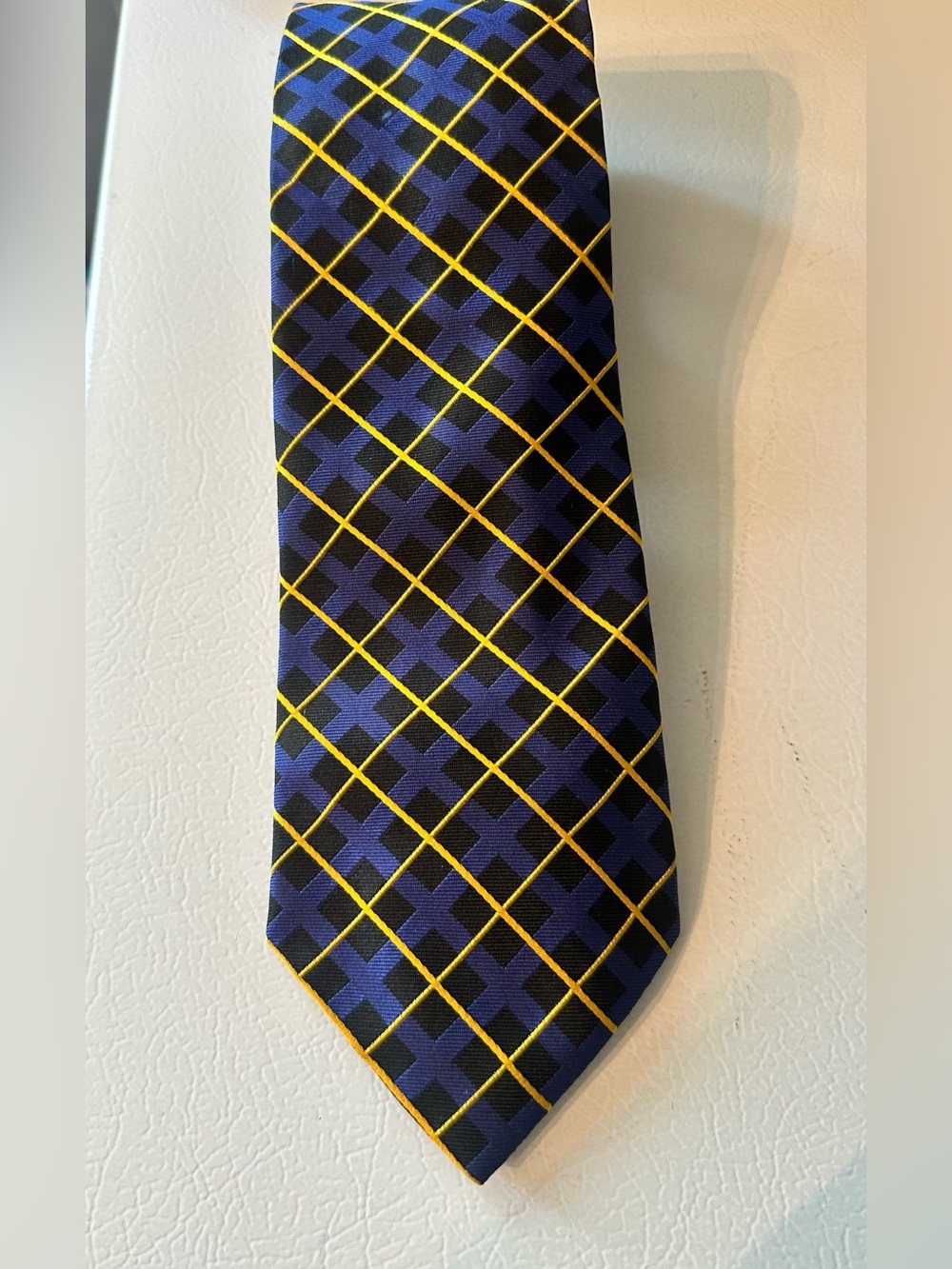 American Living 100% Silk Tie - Blue Black Yellow Plaid/Check Woven Logo